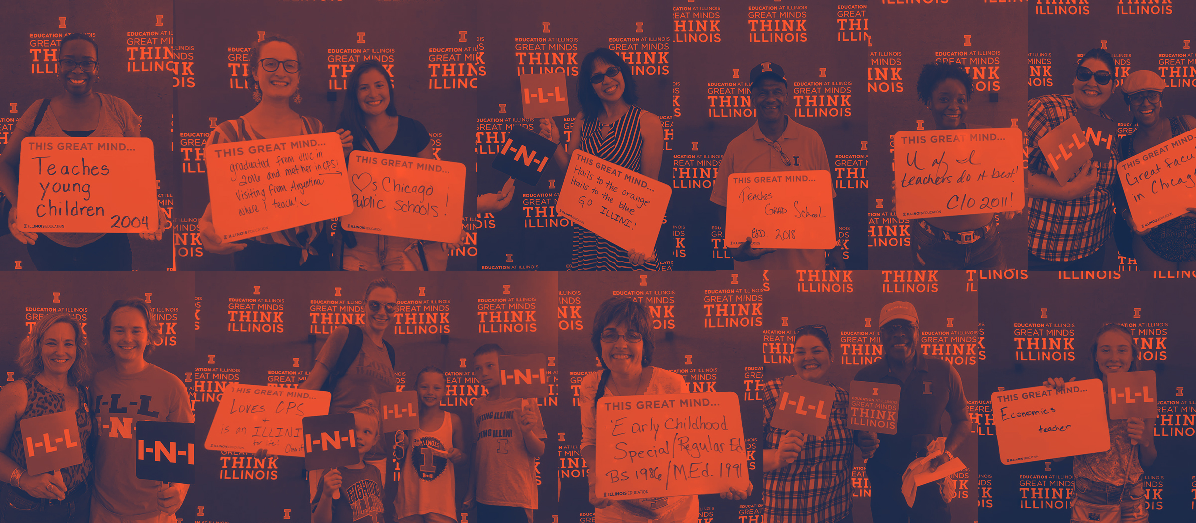 Alumni smiling at education event displaying their current education jobs!