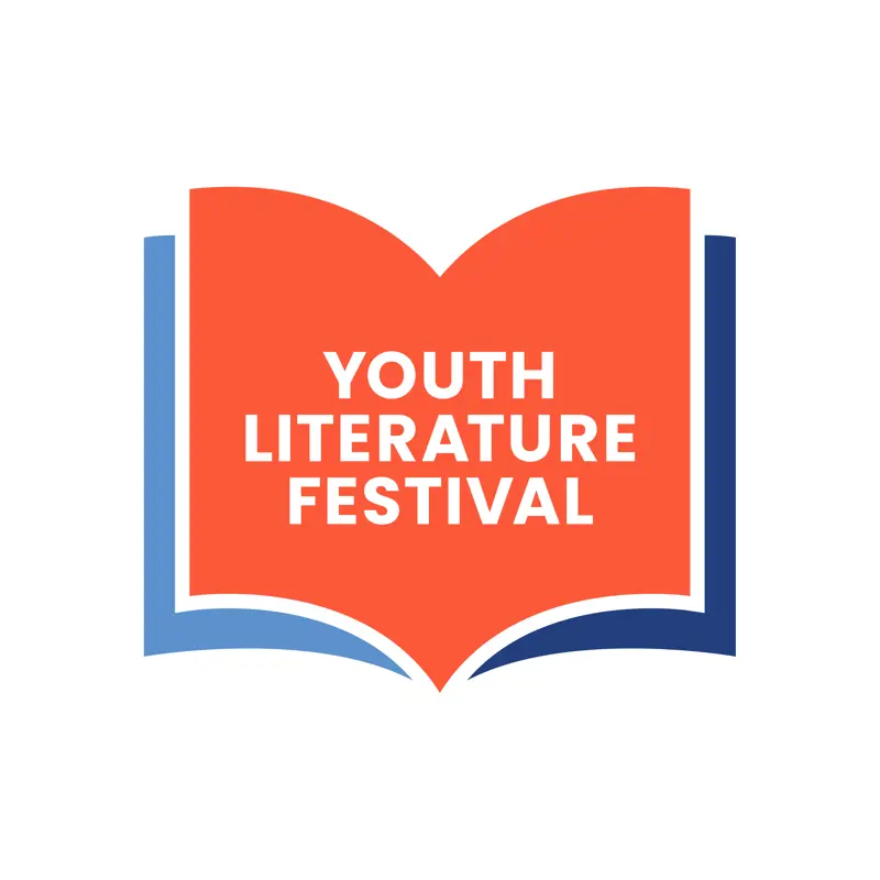 Orange and blue illustrated book, open with the words "Youth Literature Festival" in white